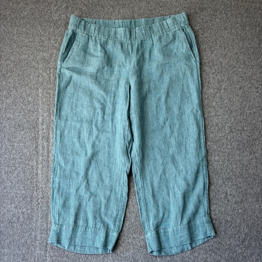 Pure Jill J. Jill Womens Large Petite Teal Blue 100% Linen Cropped Pants Pocket